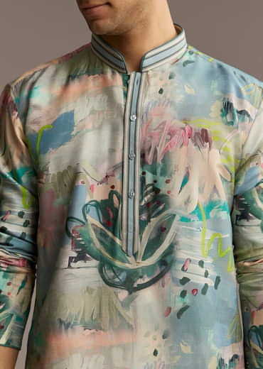 Multicolour Silk Kurta Set For Men With Artistic Brushstroke Print