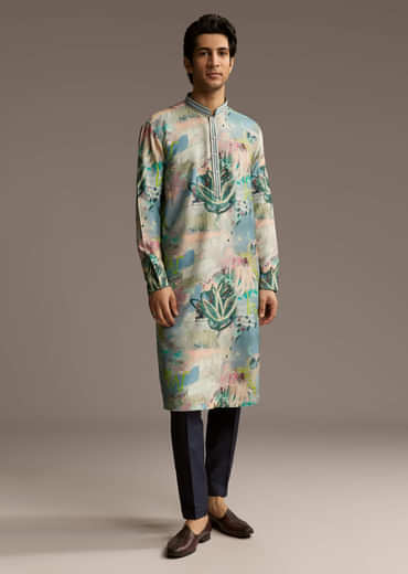 Multicolour Silk Kurta Set For Men With Artistic Brushstroke Print