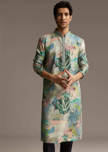 Multicolour Silk Kurta Set For Men With Artistic Brushstroke Print