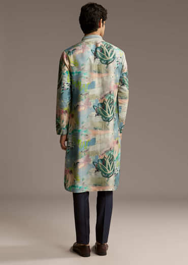 Multicolour Silk Kurta Set For Men With Artistic Brushstroke Print
