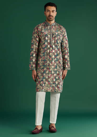 Multicolour Silk Kurta Set For Men With Floral Motif Print