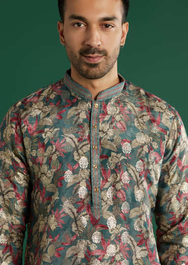 Multicolour Silk Kurta Set For Men With Floral Motif Print