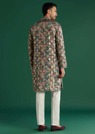 Multicolour Silk Kurta Set For Men With Floral Motif Print