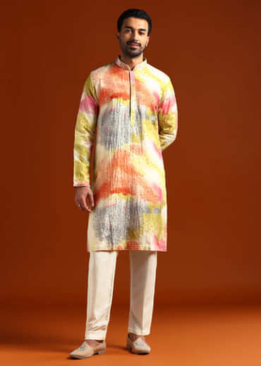Multicolour Silk Kurta Set For Men With Heavy Hand Embroidery