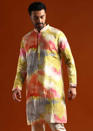 Multicolour Silk Kurta Set For Men With Heavy Hand Embroidery
