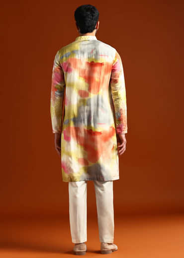 Multicolour Silk Kurta Set For Men With Heavy Hand Embroidery