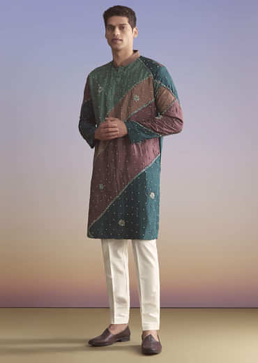 Multicolour Silk Kurta Set For Men With Intricate Resham Work