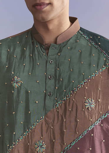 Multicolour Silk Kurta Set For Men With Intricate Resham Work