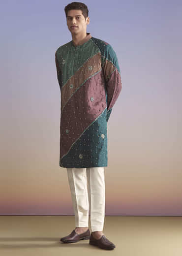 Multicolour Silk Kurta Set For Men With Intricate Resham Work