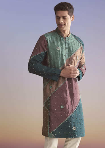 Multicolour Silk Kurta Set For Men With Intricate Resham Work