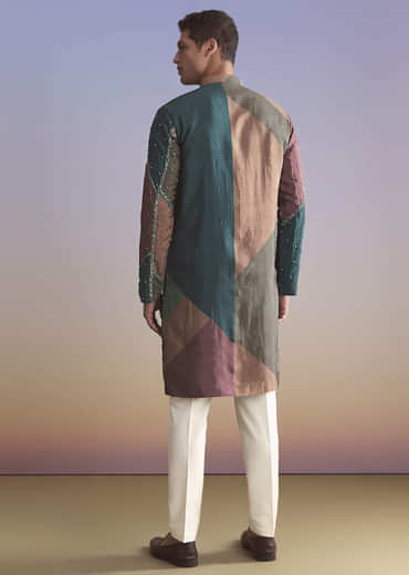 Multicolour Silk Kurta Set For Men With Intricate Resham Work