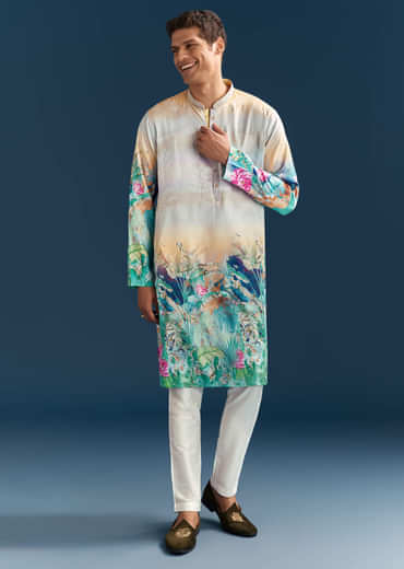 Multicolour Silk Kurta Set For Men With Ombre Print