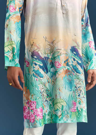 Multicolour Silk Kurta Set For Men With Ombre Print