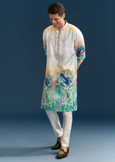 Multicolour Silk Kurta Set For Men With Ombre Print