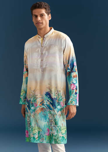 Multicolour Silk Kurta Set For Men With Ombre Print