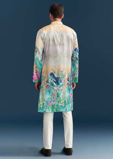 Multicolour Silk Kurta Set For Men With Ombre Print
