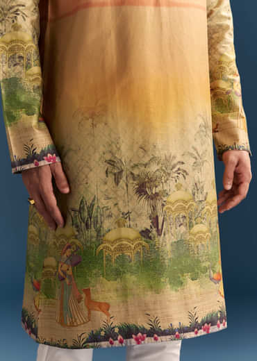 Multicolour Silk Kurta Set For Men With Pichwai Print