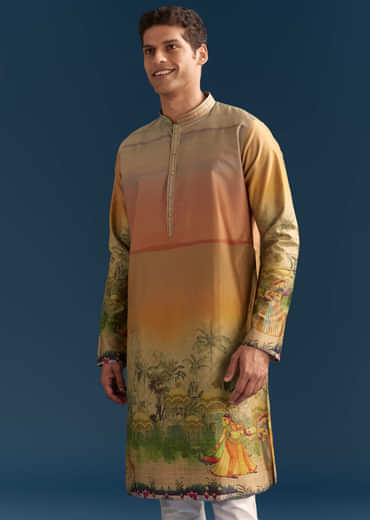 Multicolour Silk Kurta Set For Men With Pichwai Print