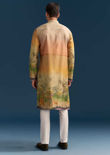 Multicolour Silk Kurta Set For Men With Pichwai Print