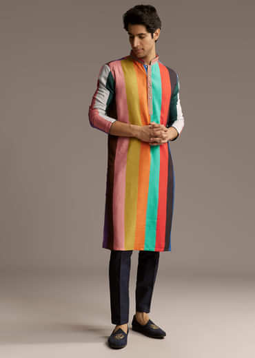 Multicolour Silk Kurta Set For Men With Stripe Print