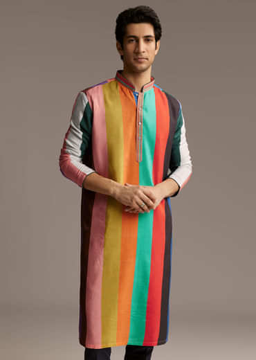 Multicolour Silk Kurta Set For Men With Stripe Print