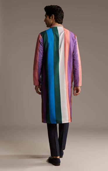 Multicolour Silk Kurta Set For Men With Stripe Print