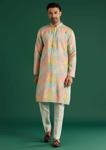 Multicolour Silk Kurta Set For Men With Tie Dye And Mirror Work