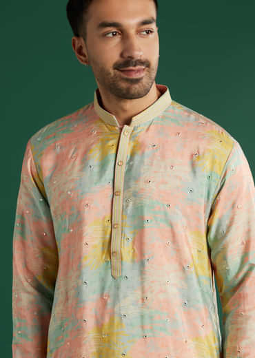 Multicolour Silk Kurta Set For Men With Tie Dye And Mirror Work