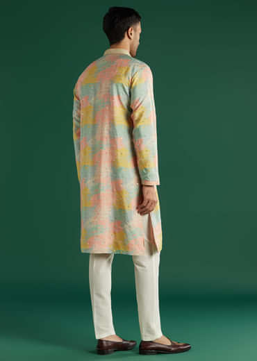 Multicolour Silk Kurta Set For Men With Tie Dye And Mirror Work