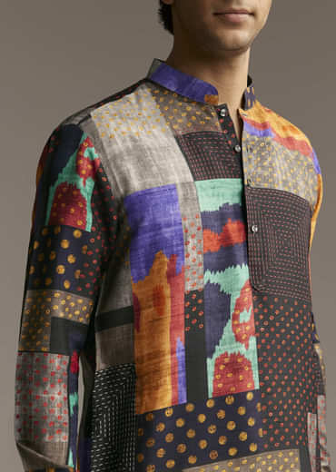 Multicolour Silk Patchwork Designer Kurta For Men