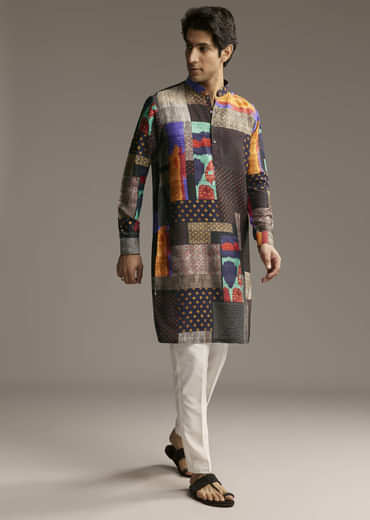 Multicolour Silk Patchwork Designer Kurta For Men