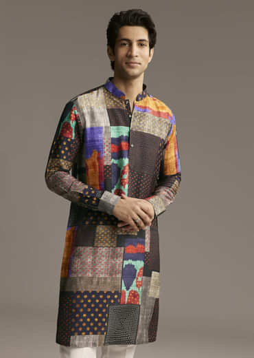 Multicolour Silk Patchwork Designer Kurta For Men