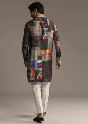 Multicolour Silk Patchwork Designer Kurta For Men