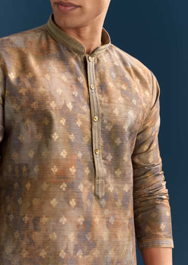 Multicolour Silk Printed Kurta Set For Men With Foil Butti Work