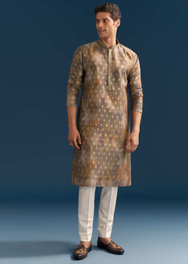 Multicolour Silk Printed Kurta Set For Men With Foil Butti Work