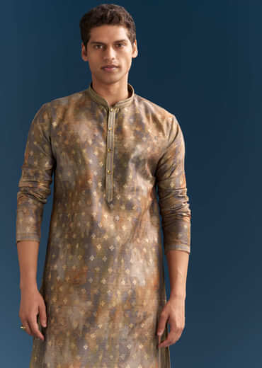 Multicolour Silk Printed Kurta Set For Men With Foil Butti Work