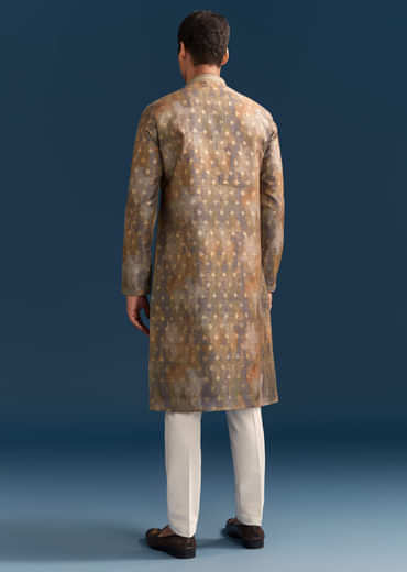 Multicolour Silk Printed Kurta Set For Men With Foil Butti Work