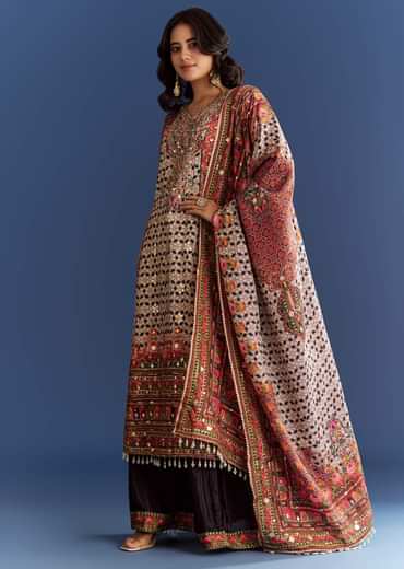 Multicolour Tabby Silk Printed Kurta Palazzo With Dupatta