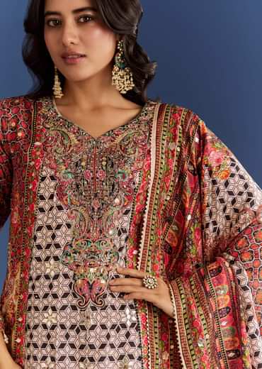 Multicolour Tabby Silk Printed Kurta Palazzo With Dupatta