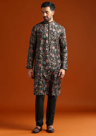 Multicolour Viscose Printed Kurta Set For Men With Heavy Hand Embroidery