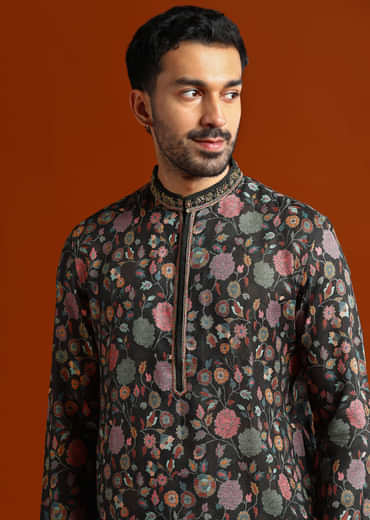 Multicolour Viscose Printed Kurta Set For Men With Heavy Hand Embroidery
