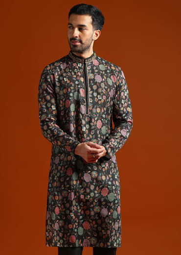 Multicolour Viscose Printed Kurta Set For Men With Heavy Hand Embroidery