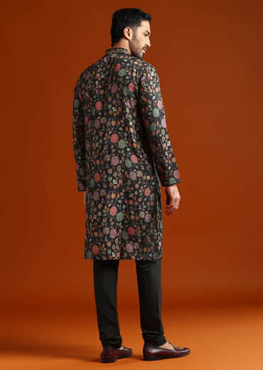 Multicolour Viscose Printed Kurta Set For Men With Heavy Hand Embroidery