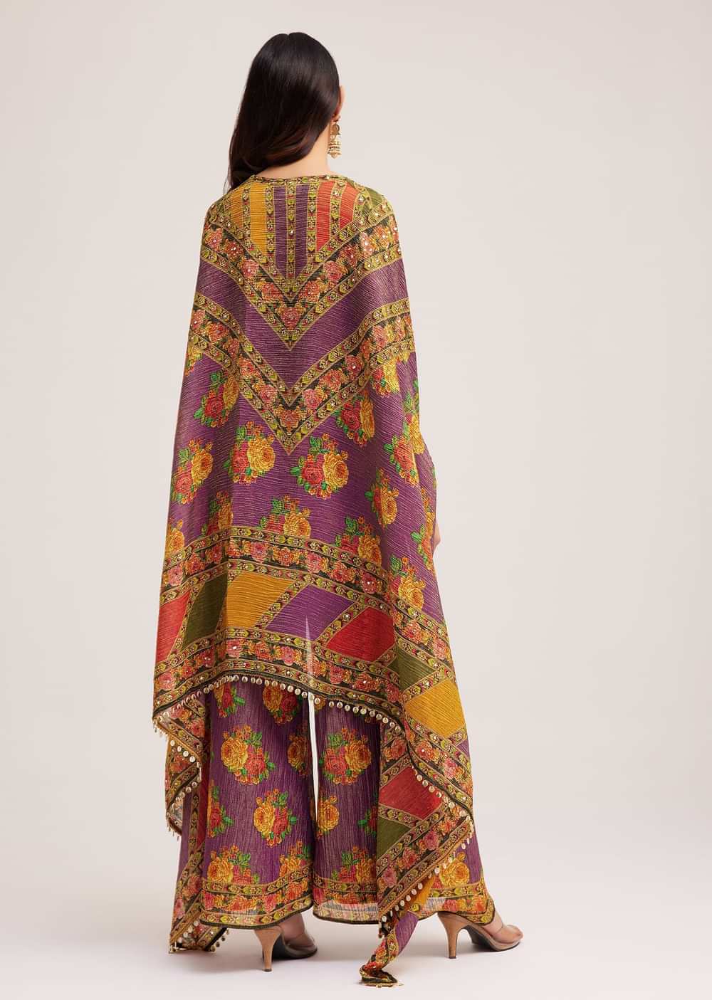 Multicolour Printed Crop Top Palazzo And Cape Set