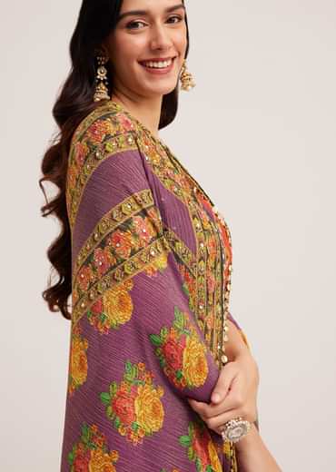 Multicolour Printed Crop Top Palazzo And Cape Set