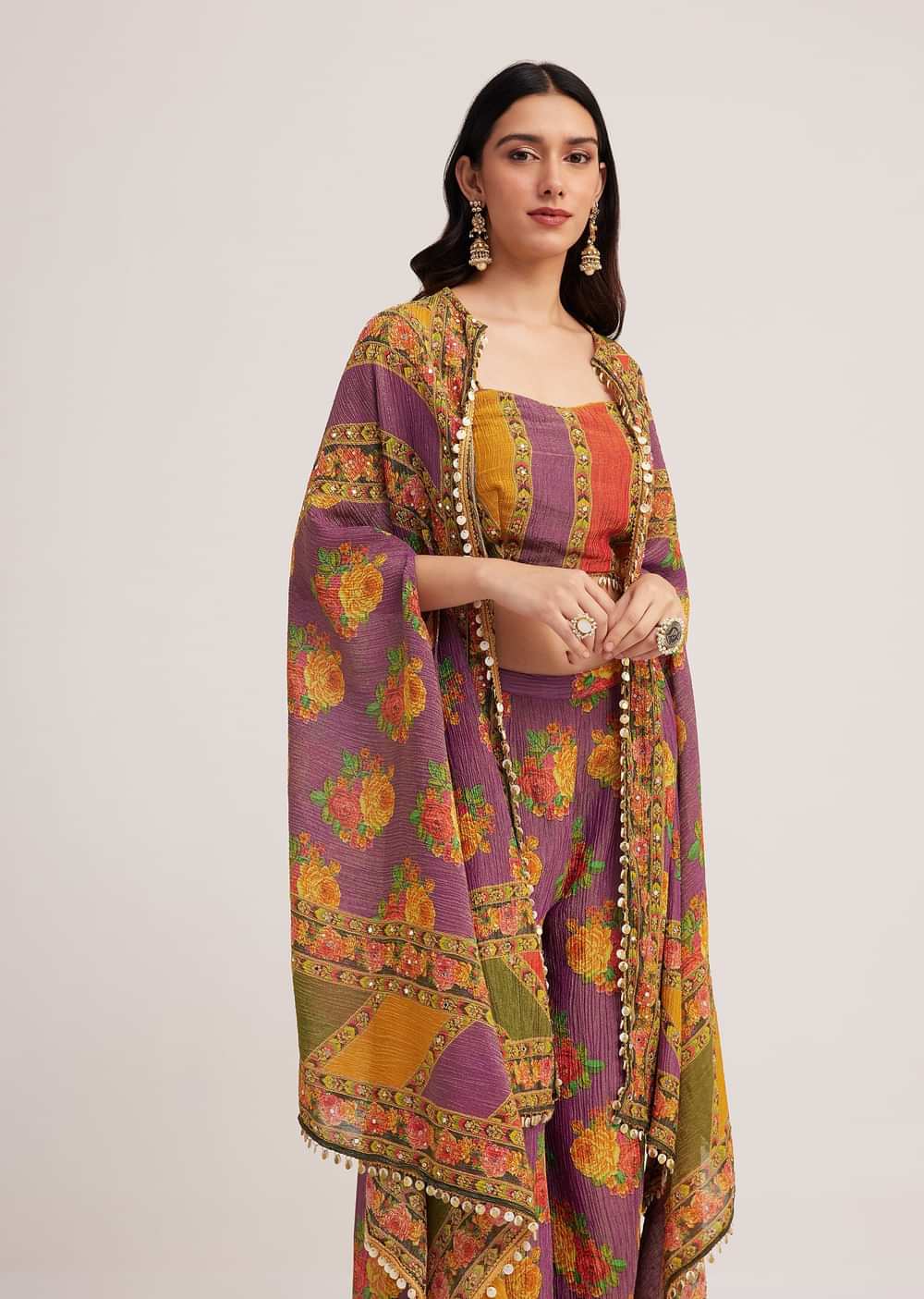 Multicolour Printed Crop Top Palazzo And Cape Set