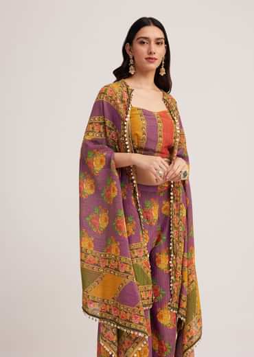 Multicolour Printed Crop Top Palazzo And Cape Set