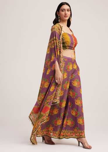 Multicolour Printed Crop Top Palazzo And Cape Set