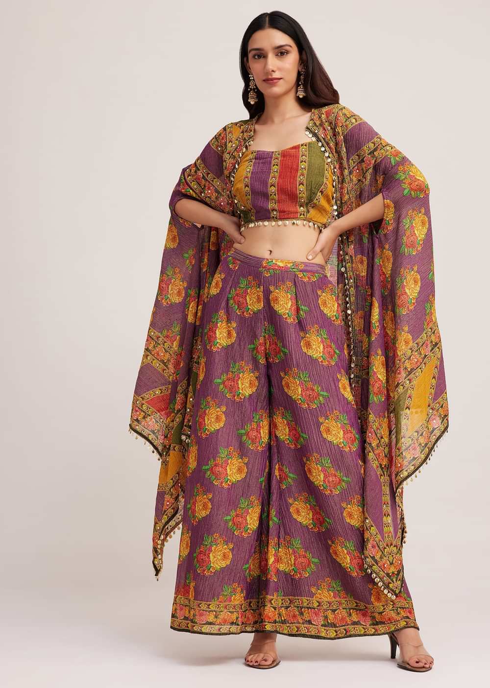 Multicolour Printed Crop Top Palazzo And Cape Set