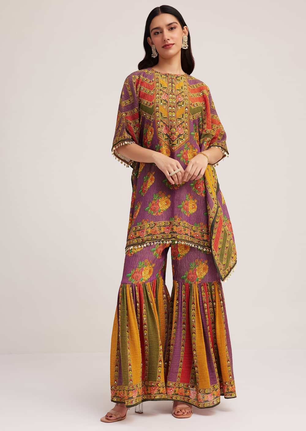 Multicolour Printed Sharara Set In Tissue Fabric